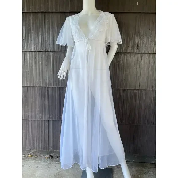Vintage Val Mode Fairy Sheer Nylon Short flutter Sleeve Lace White Maxi Robe S-M - Picture 2 of 16